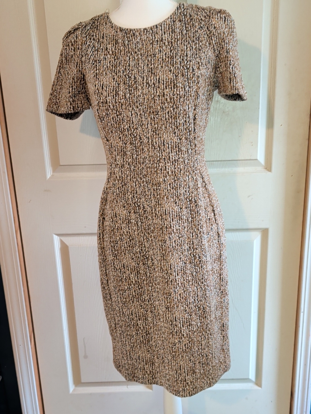 Calvin Klein Tweed-Look Short Sleeve Midi Dress in Beige and Black